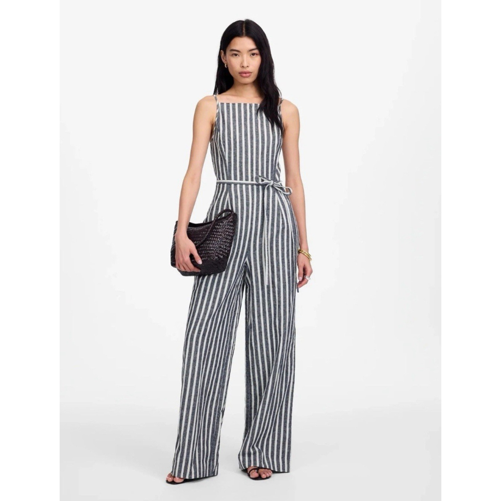 NWT Madewell Pleated Wide-Leg Jumpsuit Pinstripe Linen Navy White Size 2